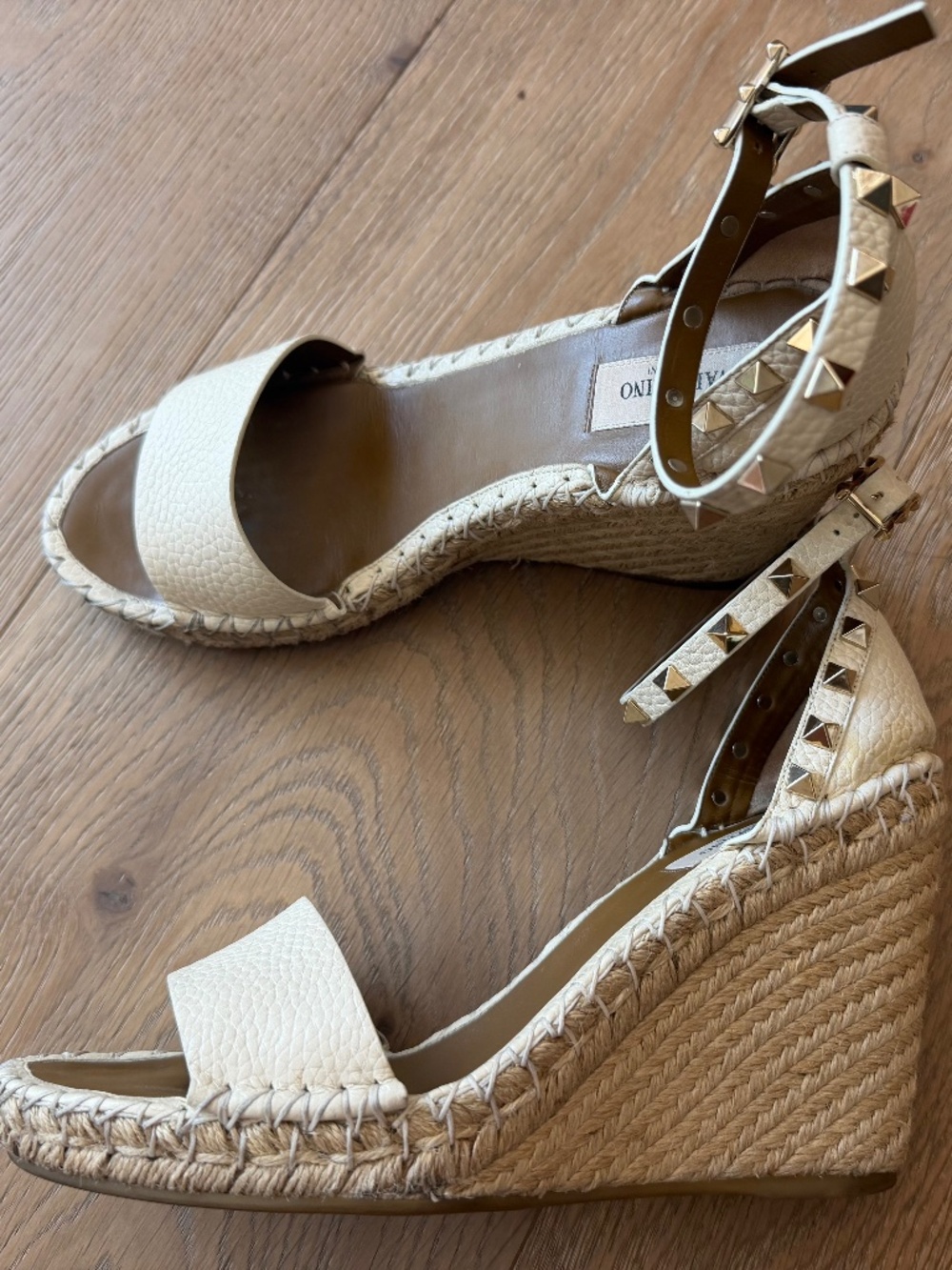 Valentino Rockstud Cream Leather Espadrille Wedge, size 39